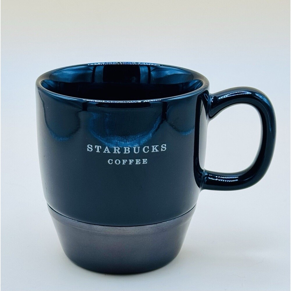 Starbucks 2008 Black & Metal Base Coffee Mug Cup 10oz - VGC